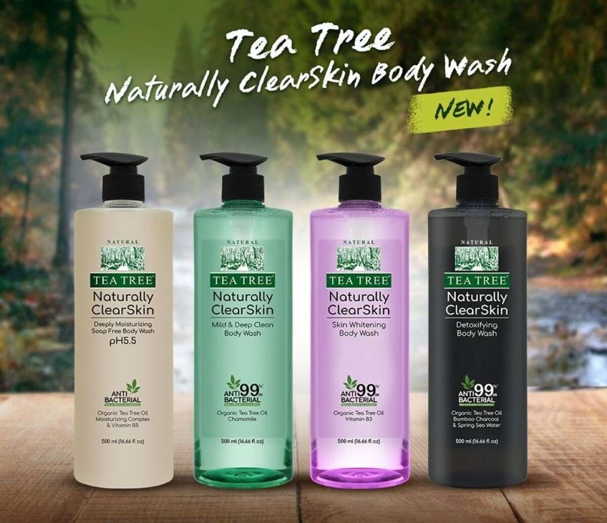 Tea Tree Naturally Clear Skin Body Wash 500 ml. "อ่อนโยนต่อผิว ไม่อ่อนโยนต่อแบคทีเรีย" ผลิตภัณฑ์ทำความสะอาดผิวกายอย่างอ่อนโยนช่วยปกป้องผิวจากมลภาวะ ผสานคุณค่าจากน้ำมันทีทรีออร์แกนิกจากประเทศออสเตรเลีย  ช่วยลดการสะสมของแบคทีเรีย 99.99%*   และคาโมมายล์ ช่วยคืนความชุ่มชื้น พร้อมปกป้องผิวจากการระคายเคือง ทำให้ผิวสะอาด  มอบความสดชื่น เพื่อผิวมีสุขภาพดีทุกวัน  ผลิตภัณฑ์จากประเทศออสเตรเลีย